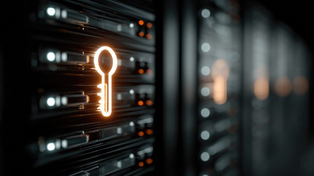 A glowing digital key symbol stands out against a blurred background of server equipment, representing themes of data security and information protection.の素材