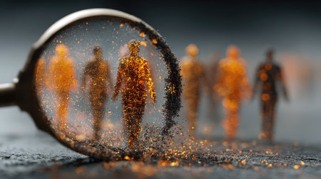 This captivating image features a dreamlike scene with abstract figures emerging through a magnifying glass, symbolizing creativity and transformation.の素材