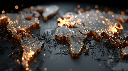 This stunning digital artwork showcases a detailed world map illuminated with bright lights, emphasizing global connections and modern technology.の素材