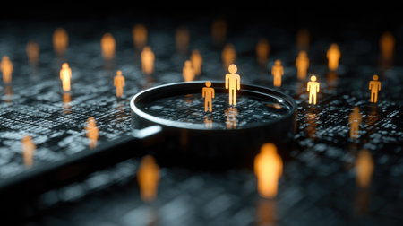A captivating abstract image featuring a magnifying glass over digital figures amidst a binary backdrop, illustrating themes of search, analysis, and discovery in technology.の素材