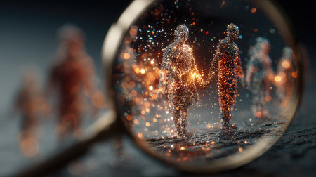 This captivating image depicts abstract figures in a dreamlike environment, highlighting the theme of connection and unity through glowing sparkles.の素材