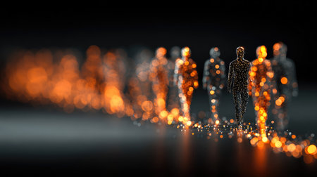 This abstract image features a captivating line of glowing human figures, merging vibrant colors and light to symbolize individuality and unity in art.の素材