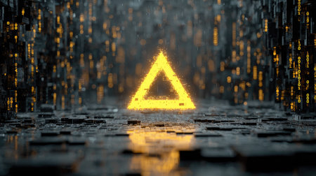 An abstract futuristic scene featuring a glowing triangle symbol amidst cascading digital rain. This captivating image evokes themes of technology, innovation, and the digital realm.の素材