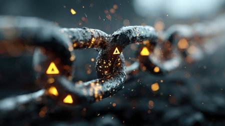 This striking image showcases a rusty metal chain with glowing warning symbols and sparks, symbolizing danger in an industrial setting.の素材