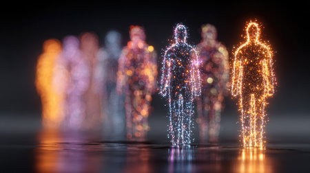 A mesmerizing display of ethereal human figures glowing with vibrant light particles, set against a dark background, perfect for digital art concepts.の素材