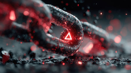 This striking image captures the essence of strength and vulnerability through a close-up of a broken chain. The fiery red highlights against the black background create a dramatic visual impact, emphasizing themes of connection and disconnection.の素材
