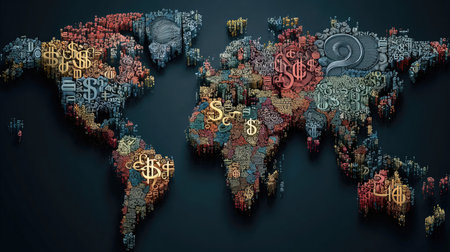 This vibrant illustration features a world map composed of diverse currency symbols, showcasing the interconnectedness of the global economy and finance.の素材