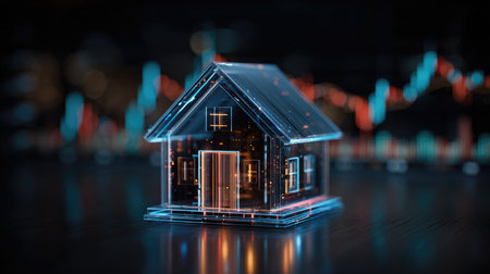 This image features a digital model of a modern house, enhanced with data visualization elements to represent trends in real estate technology.の素材