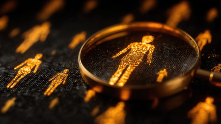 This captivating image features an abstract portrayal of human figures illuminated by a magnifying glass, set against a textured background. It symbolizes data visualization and analysis.の素材