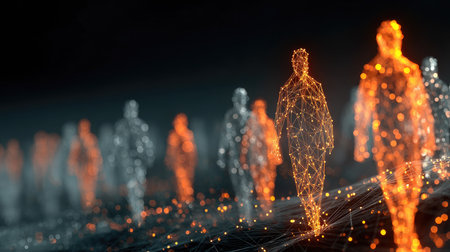 This image features abstract human figures created with digital elements, glowing connections, and a futuristic design, representing technology and innovation.の素材