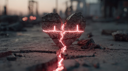 A striking image of a heart-shaped stone fractured by a neon heartbeat line, set in a desolate landscape at dusk, evoking feelings of loss and resilience.の素材