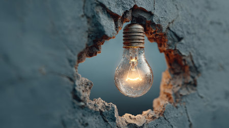 A stunning image of a glowing light bulb protruding from a cracked wall, showcasing a unique interplay of texture and illumination, perfect for creative projects.の素材