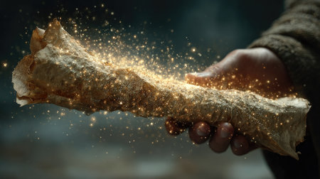 A captivating image of a magical scroll held in a hand, surrounded by glowing sparkles. It evokes themes of fantasy and enchantment, inviting imagination.の素材