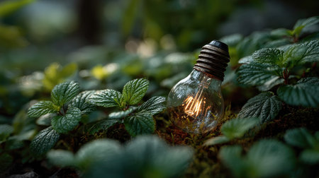 A glowing light bulb rests amid lush green plants, creating a mesmerizing blend of nature and illumination. Soft focus adds tranquility.の素材