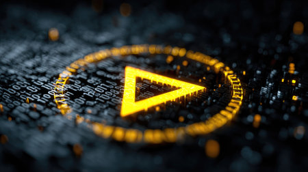 This image captures a vibrant play button surrounded by glowing binary code, symbolizing digital interaction and technology in a modern, abstract style.の素材
