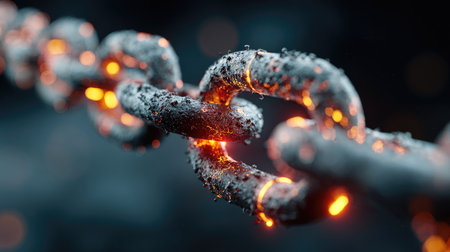 This close-up image showcases a rusted metal chain link highlighted by glowing lava, creating a striking visual contrast against a dark background.の素材