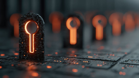 This captivating image showcases a futuristic design featuring a glowing keyhole set against a digital circuit board, symbolizing security and technology.の素材