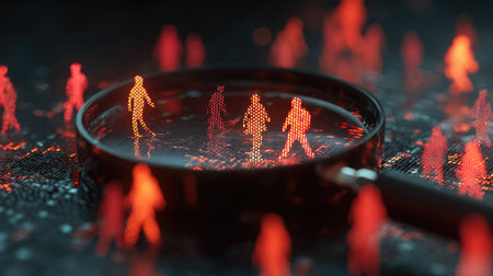 This abstract image showcases digital figures illuminated with glowing effects, viewed through a magnifying glass in a dark, stylized environment.の素材
