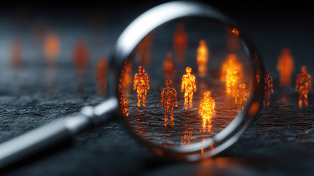 This abstract image features a magnifying glass focusing on glowing human figures in a dark environment, symbolizing scrutiny, exploration, and perception.の素材
