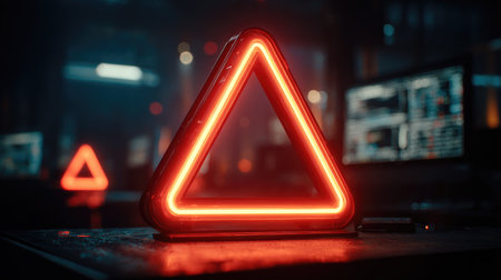 A striking neon triangle sign brightens a dark urban setting, enhancing the futuristic vibe with glowing colors and technological displays creating an engaging atmosphere.の素材