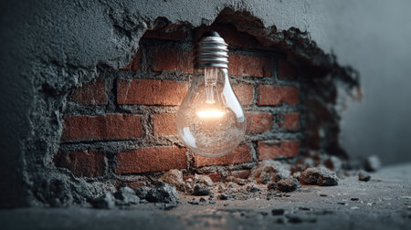 A hanging light bulb illuminates a broken wall revealing exposed bricks, creating a gritty urban aesthetic. Perfect for design and creativity themes.の素材