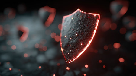 This striking image features a glowing shield icon against a dynamic background, symbolizing protection and security in a modern, digital context.の素材