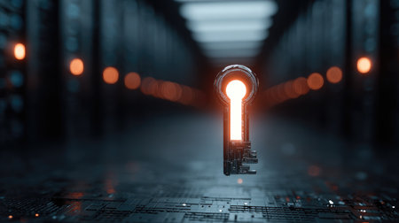 A striking digital key floats in a dark, cybernetic hallway, emitting a warm glow that symbolizes access to technology and data. This image represents innovation.の素材