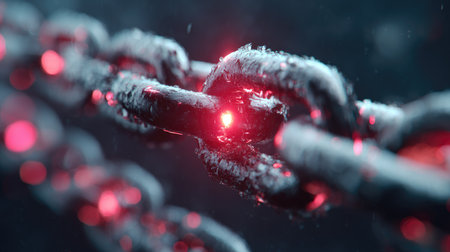 A stunning close-up image of a futuristic chain link illuminated by glowing red lights. The detailed texture against a dark background creates a striking visual effect.の素材