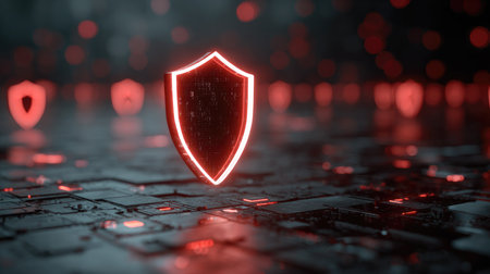 A captivating image featuring a glowing shield icon set against a digital background, symbolizing technology and cybersecurity themes in a modern design.の素材