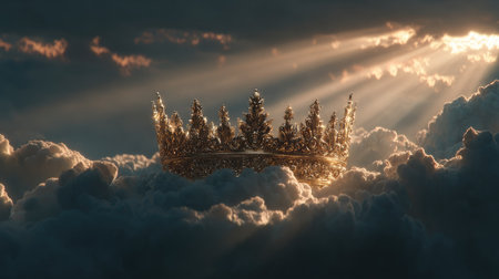A stunning golden crown emerges from soft, fluffy clouds, illuminated by rays of light that create a divine and ethereal atmosphere.の素材