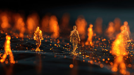 This stunning image showcases ethereal human figures glowing in orange light against a dark background, depicting motion and connection in a digital realm.の素材