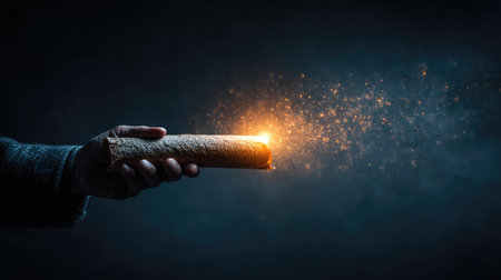 A dramatic image of a hand holding a glowing firework, radiating sparks and light against a dark background, capturing a sense of celebration and wonder.の素材