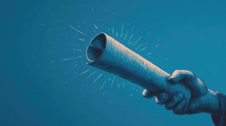 A hand holds a rolled scroll emitting light against a blue background. This image symbolizes achievement and communication, perfect for educational themes.の素材