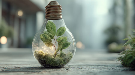 Artistic representation of a light bulb with greenery, symbolizing sustainability and the fusion of nature with modern design, perfect for eco-friendly themes.の素材