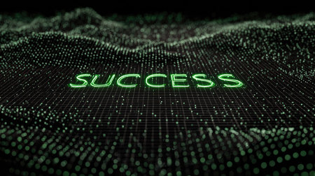 A captivating digital artwork featuring the word "Success" glowing in green amidst a mesh of dots and grids, symbolizing achievement and innovation.の素材