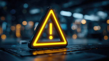 A striking triangular warning sign glows brightly on a laptop keyboard, capturing attention in a dimly lit workspace, symbolizing caution and alertness.の素材
