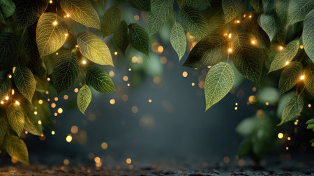 This enchanting image captures lush green leaves illuminated by soft glowing lights, creating a peaceful and mystical atmosphere perfect for nature themes.の素材