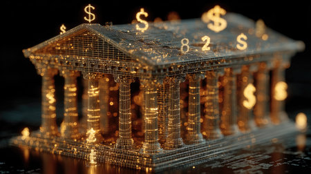 A captivating digital representation of a bank building in wireframe style, surrounded by floating dollar symbols, illustrating modern finance concepts.の素材