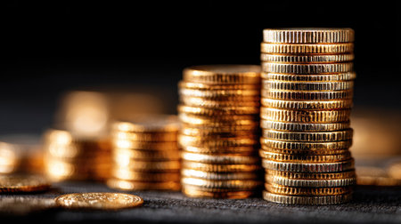 Close-up view of stacked gold coins with an elegant shine, showcasing wealth and luxury against a dark background, perfect for finance themes.の素材