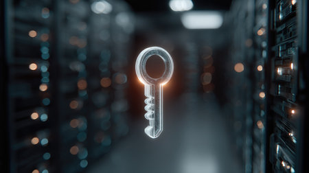 A futuristic representation of a transparent key symbol glows in a high-tech data server room, capturing the essence of security and technology.の素材