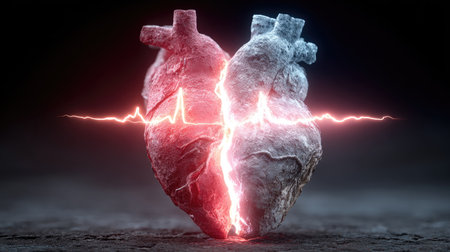 This dramatic illustration showcases a heart with electric pulses and cracks, symbolizing health, emotion, and the delicate balance between love and pain.の素材