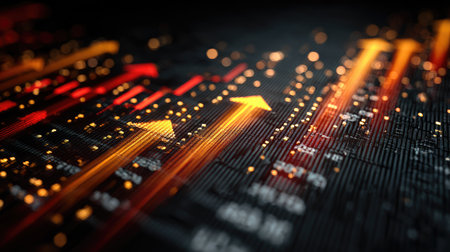 A captivating digital backdrop featuring arrows and glowing lights, symbolizing financial growth and technological advancement in a modern context.の素材