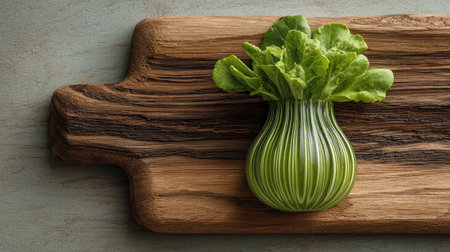 A beautiful arrangement of fresh green lettuce on a rustic wooden cutting board, showcasing nature's elegance and the joys of healthy cooking.の素材