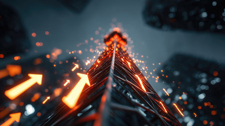 This captivating image showcases an abstract view of a towering structure illuminated by vibrant lights and dynamic arrows, symbolizing growth and progress. The modern cityscape sets an atmospheric tone perfect for themes of innovation and technology.の素材