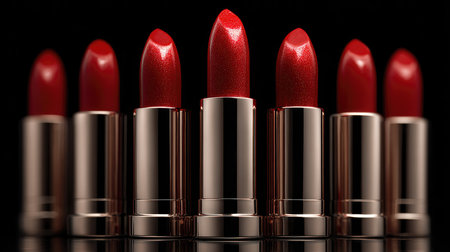 A striking array of red lipsticks displayed in elegant tubes, ideal for showcasing beauty products and enhancing makeup routines in glamorous settings.の素材