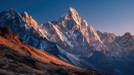 Stunning view of majestic snow-capped mountain peaks glowing in golden light during sunset. Perfect for showcasing natural beauty and adventure.の素材