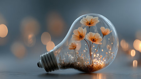 This enchanting image features a light bulb containing delicate flowers, illuminated by glowing particles. The soft focus background adds a tranquil and artistic quality, creating a serene feel.の素材