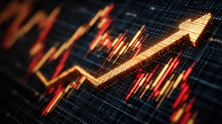 An abstract representation of financial growth with a glowing upward arrow on a dark background. Ideal for symbolizing market trends and economic analysis.の素材