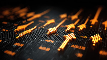 Captivating 3D visualization of arrows symbolizing growth and progress in finance. Dark background enhances the dynamic representation of data and analytics.の素材