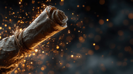 A beautifully detailed vintage scroll wrapped with twine rests against a dark, sparkling background, evoking mystery and artistic imagination.の素材
